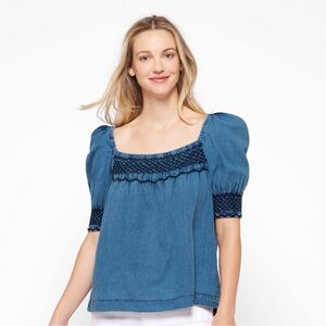 Faherty Blue Puff Sleeve Top
